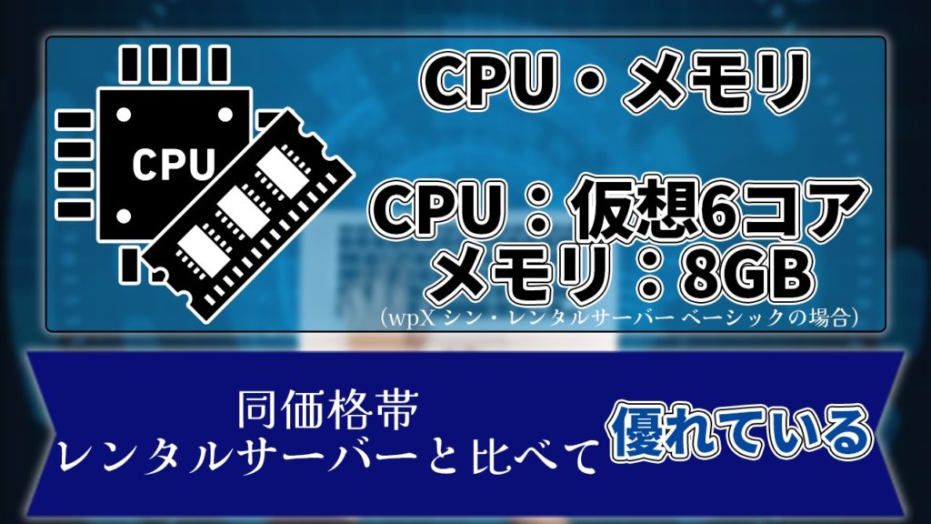 CPU・メモリ CPU：仮想6コア メモリ：8GB 同価格帯レンタルサーバーと比べて 優れている